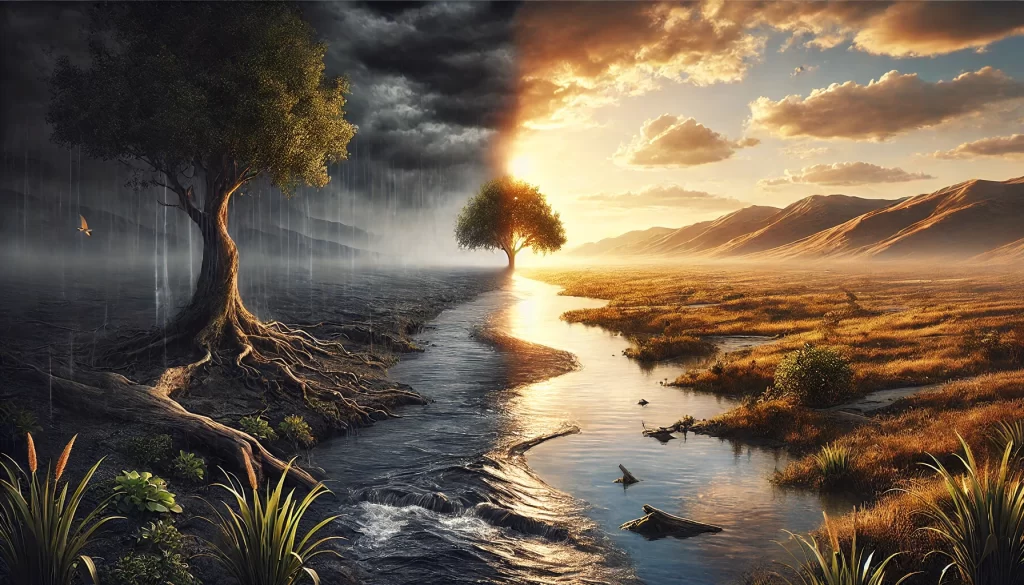 DALL·E 2025-02-09 10.57.49 - 6. __Insegurança Hídrica___ Uma paisagem dividida, mostrando um lado com abundância de água e outro seco, simbolizando a de